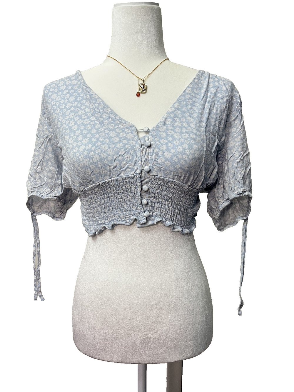 Women's Glassons Size 14 Blue White Floral Polka Dot Short Sleeve Blouse Summer